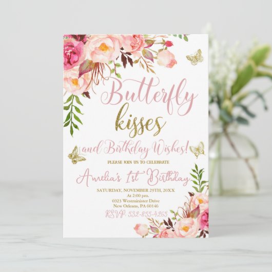 Vlinder 1e verjaardag, meisjes eerste verjaardag kaart (Staand voorkant)