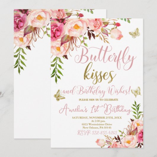 Vlinder 1e verjaardag, meisjes eerste verjaardag kaart (Voorkant / Achterkant)