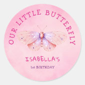 Vlinder 1e Verjaardag Thema Roze Waterverf Party Ronde Sticker (Voorkant)
