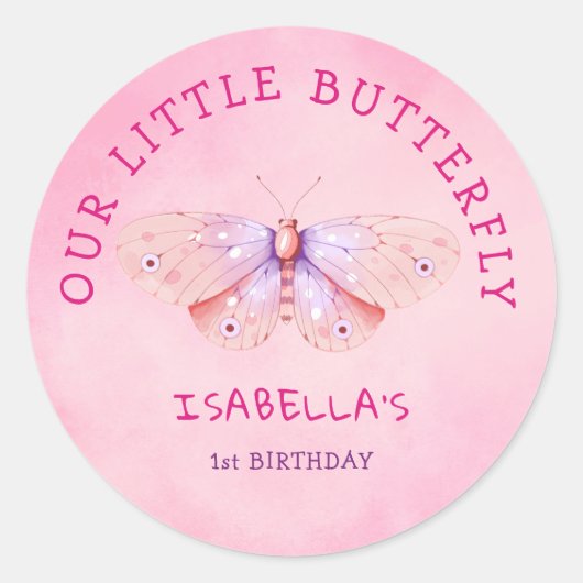 Vlinder 1e Verjaardag Thema Roze Waterverf Party Ronde Sticker (Voorkant)