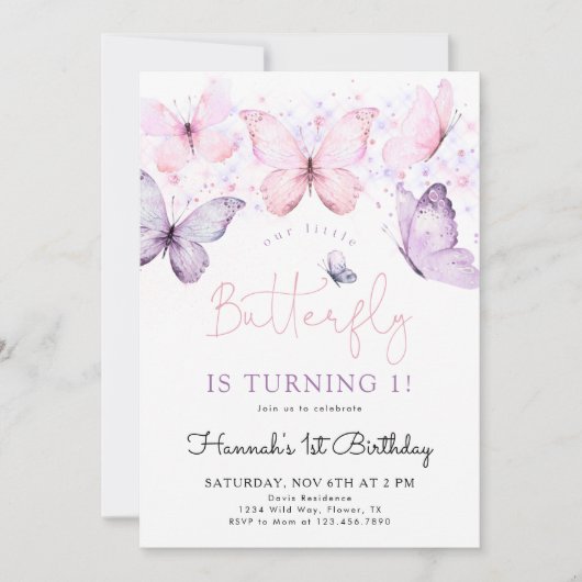 Vlinder 1e verjaardag uitnodiging meisje (Voorkant)