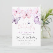 Vlinder 1e verjaardag uitnodiging meisje (Staand voorkant)