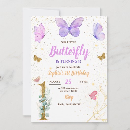 Vlinder 1e verjaardag uitnodiging, Meisje's Verjaa Kaart (Voorkant)