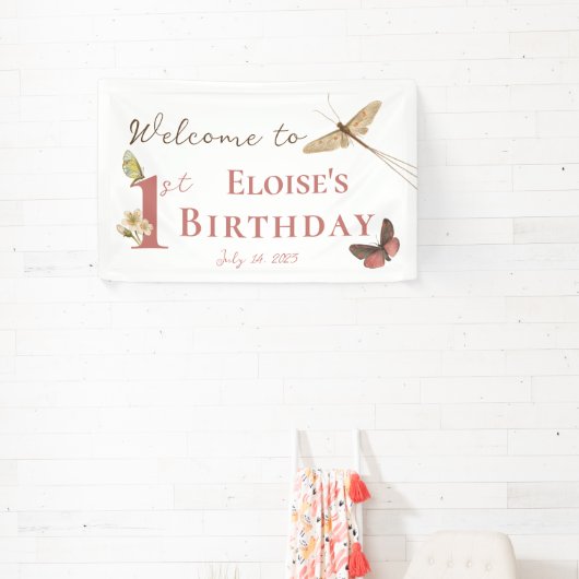  vlinder Aangepaste naam 1e verjaardag meisje Spandoek (Insitu)
