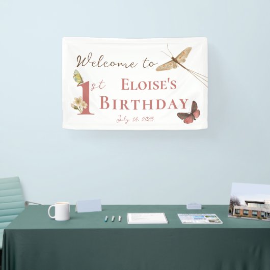  vlinder Aangepaste naam 1e verjaardag meisje Spandoek (Beurs)