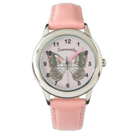 Vlinder & aangepaste naam op zachte roze horloge