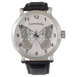 Vlinder & aangepaste naam op zachte roze horloge