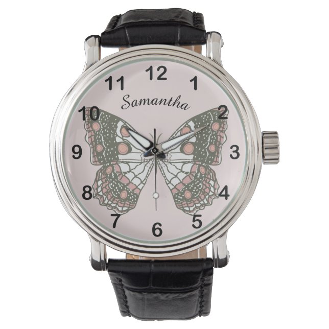 Vlinder & aangepaste naam op zachte roze horloge (Voorkant)