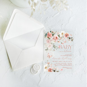 Vlinder Baby in Bloom Roze Bloemen Baby shower Acryl Uitnodigingen