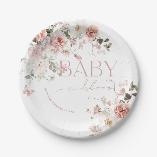 Vlinder Baby in Bloom Roze Bloemen Baby shower Papieren Bordje (Voorkant)