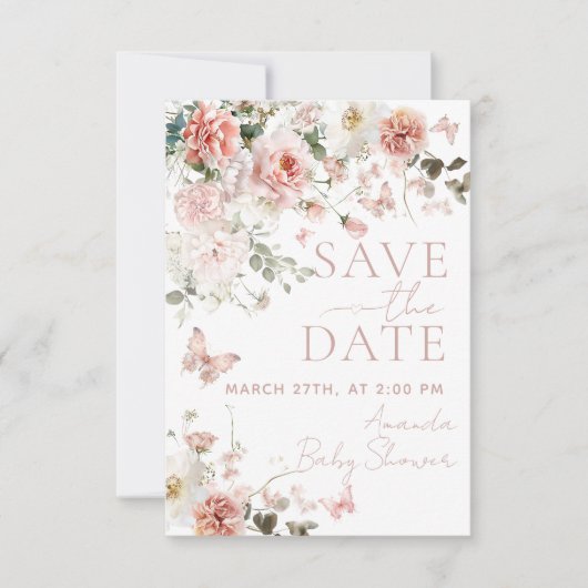 Vlinder Baby in Bloom Roze Bloemen Baby shower Save The Date (Voorkant)