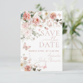 Vlinder Baby in Bloom Roze Bloemen Baby shower Save The Date (Staand voorkant)