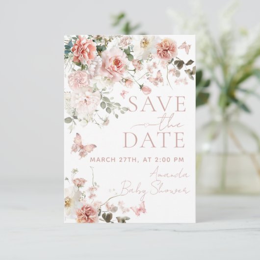Vlinder Baby in Bloom Roze Bloemen Baby shower Save The Date (Staand voorkant)
