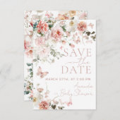 Vlinder Baby in Bloom Roze Bloemen Baby shower Save The Date (Voorkant / Achterkant)