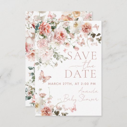 Vlinder Baby in Bloom Roze Bloemen Baby shower Save The Date (Voorkant / Achterkant)