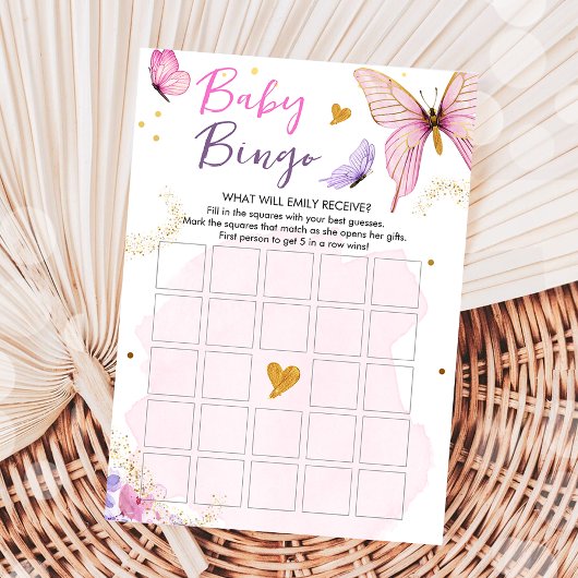 Vlinder Baby shower Bingo Spel Roze Goud Meisje Kaart