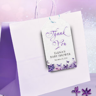 Vlinder Baby Shower Elegant Paarse Bloemen Cadeaulabel