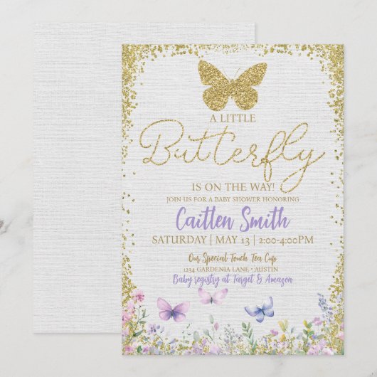 Vlinder Baby shower Meisje Paarse Bloemen Baby Gou Feestdagenkaart (Voorkant / Achterkant)