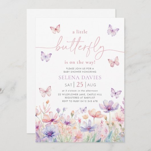 Vlinder Baby shower Meisje Paarse Roze Bloem Kaart (Voorkant / Achterkant)