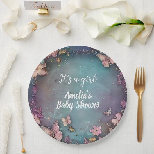 Vlinder Baby shower Paarse Papieren Bordje (Huwelijk)