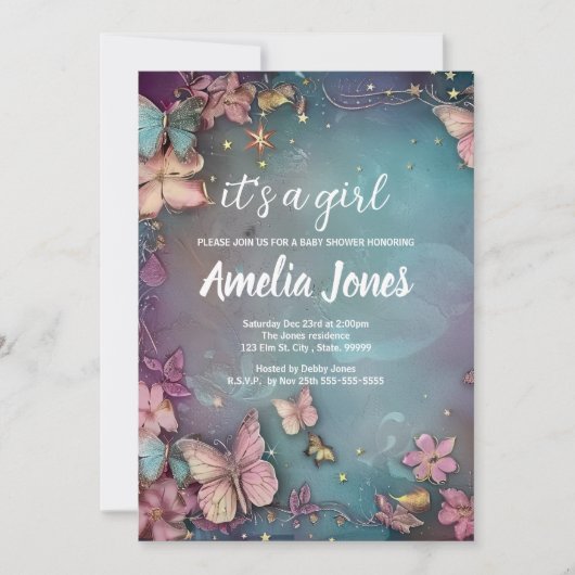 Vlinder Baby Shower Paarse Uitnodiging (Voorkant)
