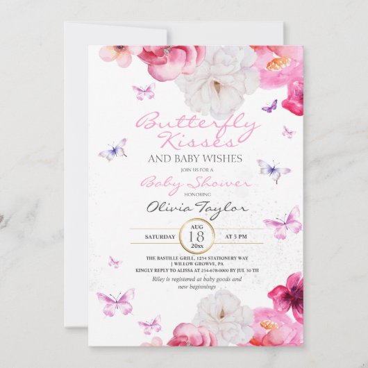 Vlinder Baby Shower Roze Bloemen Kaart (Voorkant)