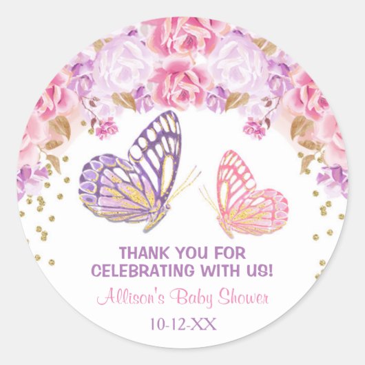 Vlinder baby shower stickers, roze paarse goud ronde sticker (Voorkant)