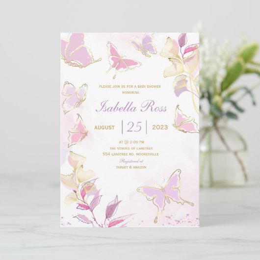 Vlinder Baby Shower Uitnodiging template (Staand voorkant)
