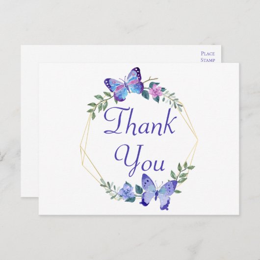 Vlinder Bedankt Bloemenkrans Blauwe Vlinders Briefkaart (Voorkant / Achterkant)