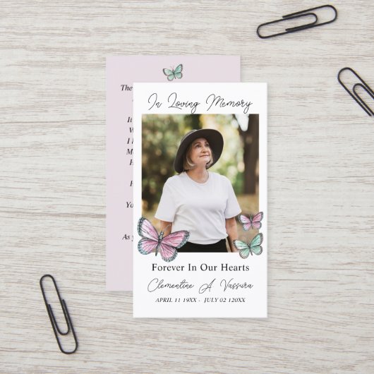 Vlinder begrafenis gebed foto kaart visitekaartje (Voorkant / Achterkant in situ)