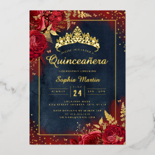 Vlinder Bloem Rood Goud Quinceanera Folie Uitnodiging