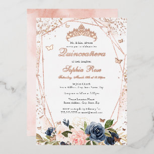 Vlinder Bloem Roze Marine Quinceanera Folie Uitnodiging