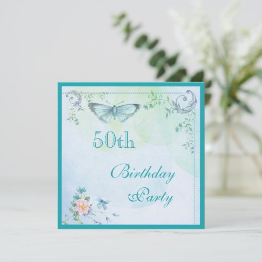 vlinder, bloemen en zwellen 50e verjaardag kaart