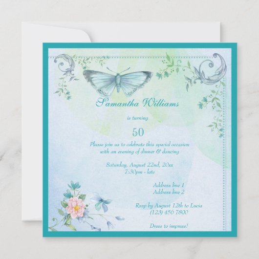 vlinder, bloemen en zwellen 50e verjaardag kaart (Achterkant)