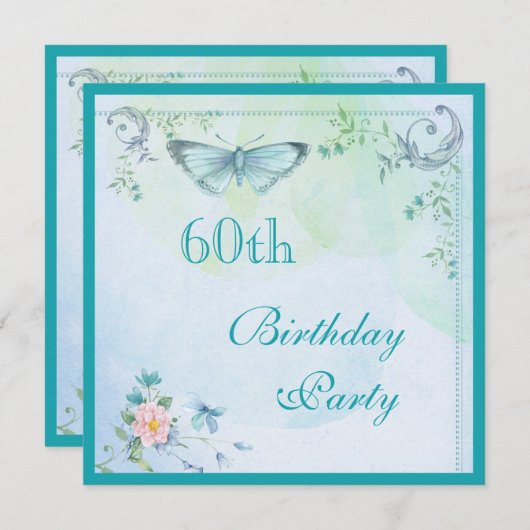  vlinder, bloemen en zwellen 60e verjaardag kaart (Voorkant / Achterkant)