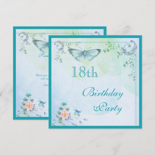  vlinder, bloemen en zwemblazen 18e verjaardag kaart (Voorkant / Achterkant)