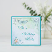 vlinder, bloemen en zwemblazen 90e verjaardag kaart (Staand voorkant)