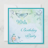 vlinder, bloemen en zwemblazen 90e verjaardag kaart (Voorkant)