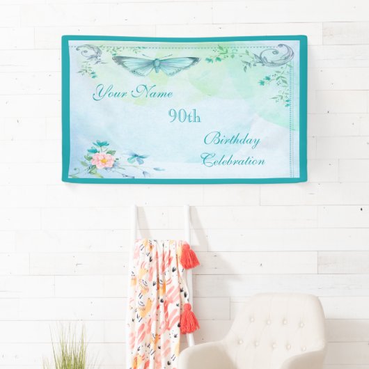  vlinder, bloemen en zwemblazen 90e verjaardag spandoek (Insitu)