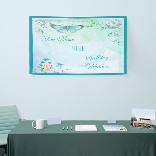vlinder, bloemen en zwemblazen 90e verjaardag spandoek (Beurs)