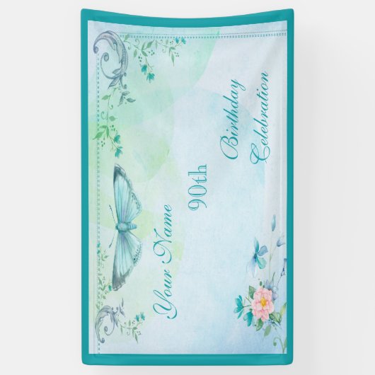  vlinder, bloemen en zwemblazen 90e verjaardag spandoek (Verticaal)
