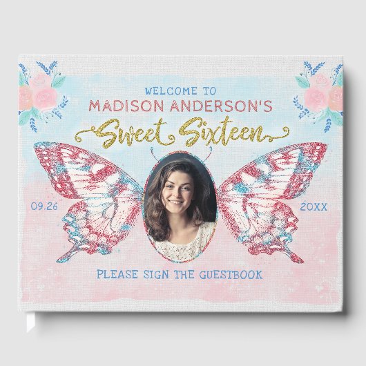 Vlinder Bloemen Foto Lief 16 Verjaardagsfeest Gastenboek (Voorkant)