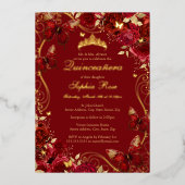  Vlinder Bloemen Goud Rood Quinceanera Folie Uitnodiging (Voorkant)