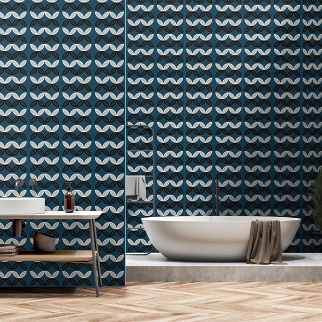 Vlinder bloemen horizontale strepen op moody blauw behang (Badkamer)