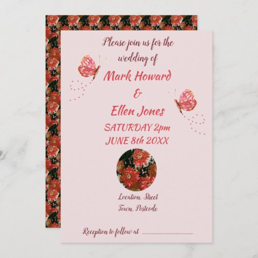 Vlinder Bloemen Koraal Bruiloft Kaart (Voorkant / Achterkant)