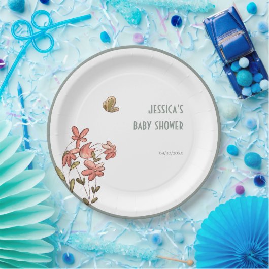 Vlinder Bloemen Meisje Baby shower Papieren Bordje (Feest)