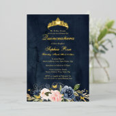 Vlinder Bloemen Navy Roze Quinceanera Folie Uitnodiging (Staand Voorkant)