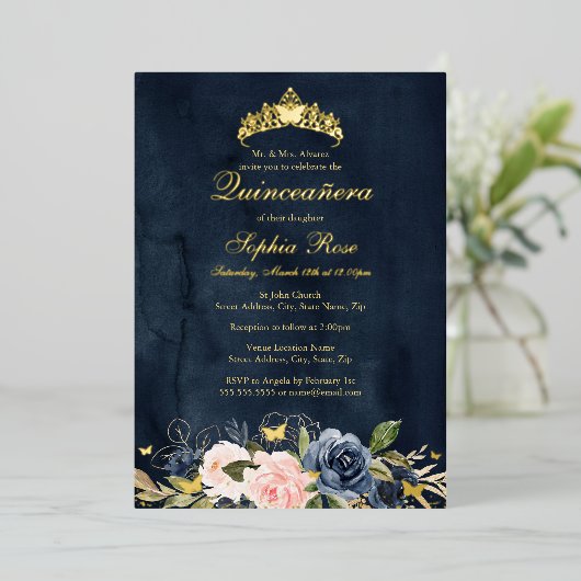 Vlinder Bloemen Navy Roze Quinceanera Folie Uitnodiging (Staand Voorkant)