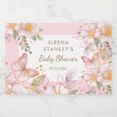 Vlinder & Bloemen Roze Glitter Meisje Baby Shower Sparkling Wijnetiket (Enkel label)