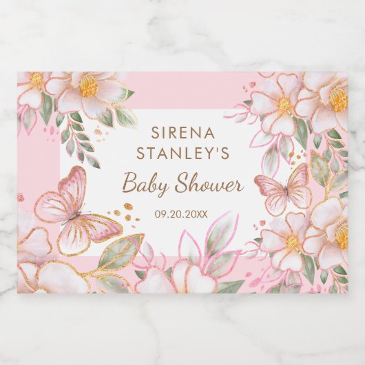 Vlinder & Bloemen Roze Glitter Meisje Baby Shower Sparkling Wijnetiket (Enkel label)